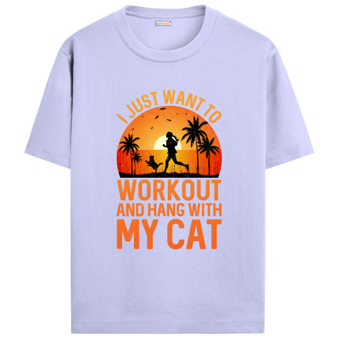 OUTFITGOAL “I Just Want to Workout and Hang with My Cat” Running T-Shirt | Funny Fitness Tee | 100% Super Combed Cotton | Bio-Washed | Unisex Fit | Cat Lover Workout Shirt | Pet Lifestyle Tee